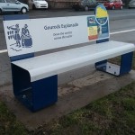 SSteel bench, with laser cut graphics, and Multiguard® interpretive panels - Inverclyde Coastal Trail